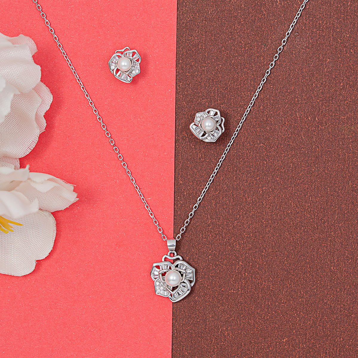 Elegant Blossom Pearl pendant Set 925 sterling silver