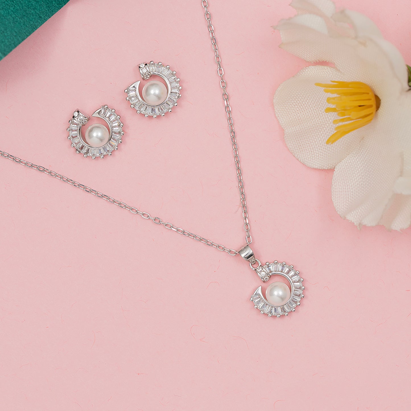 Celestial Pearl & Baguette pendant Set 925 sterling silver