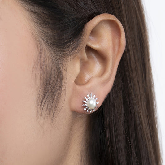 Pearl Sunburst Stud Earrings 925 sterling silver