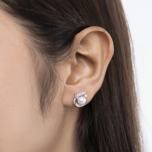 Pearl Leaf Stud Earrings 925 sterling silver