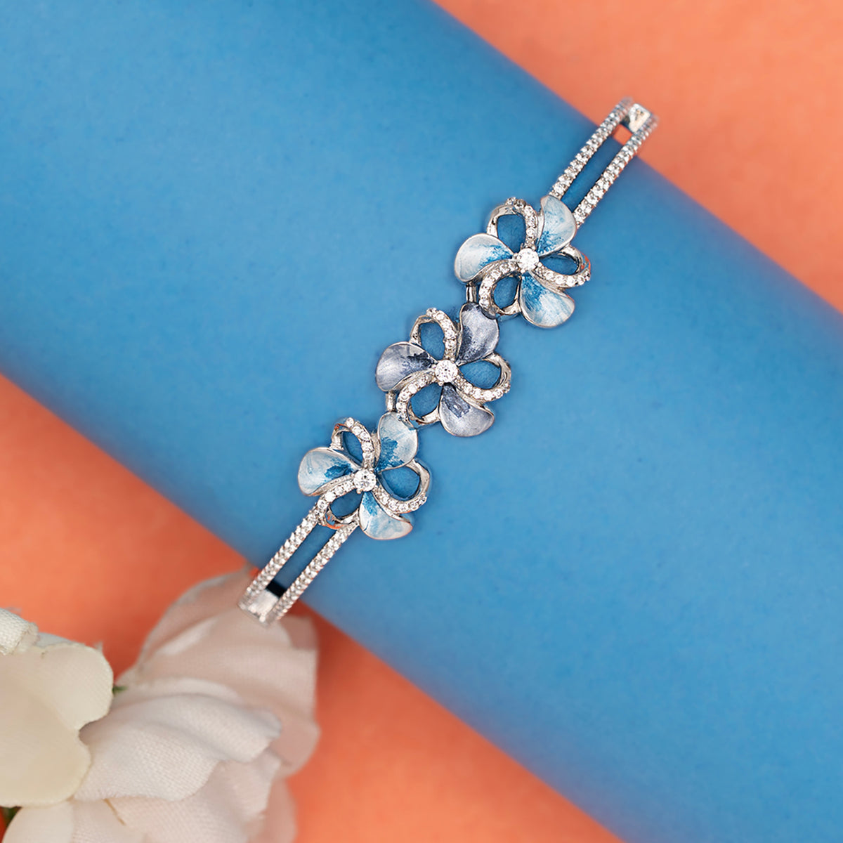 Sky-Blue Enamel Plumeria kada 925 sterling silver