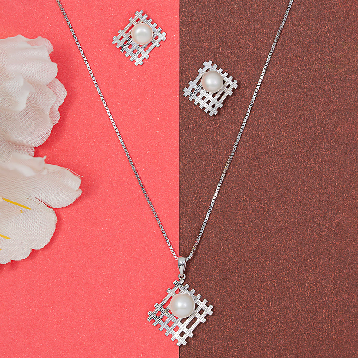 Modern Grid Pearl pendant Set 925 sterling silver