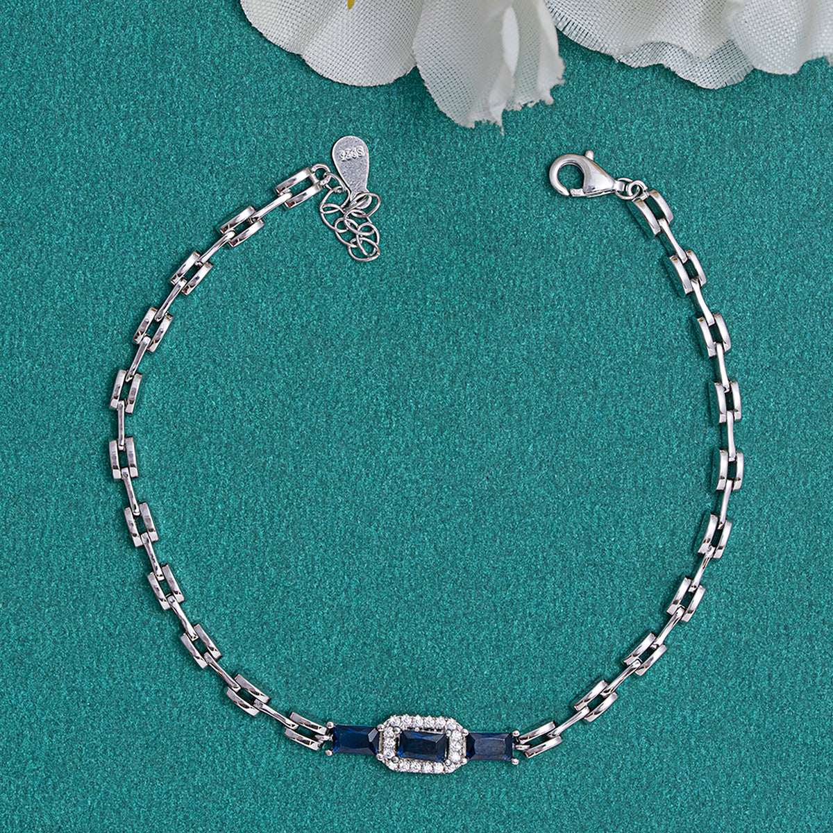 Blue & Pavé Rectangular Link Bracelet 925 sterling silver