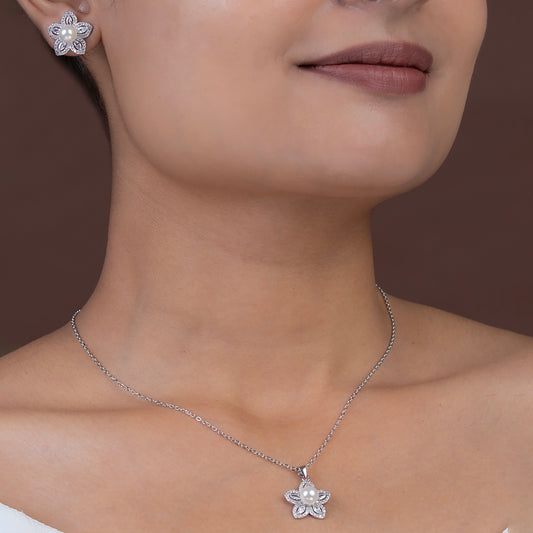 Blooming Pearl & Diamond pendant Set 925 sterling silver