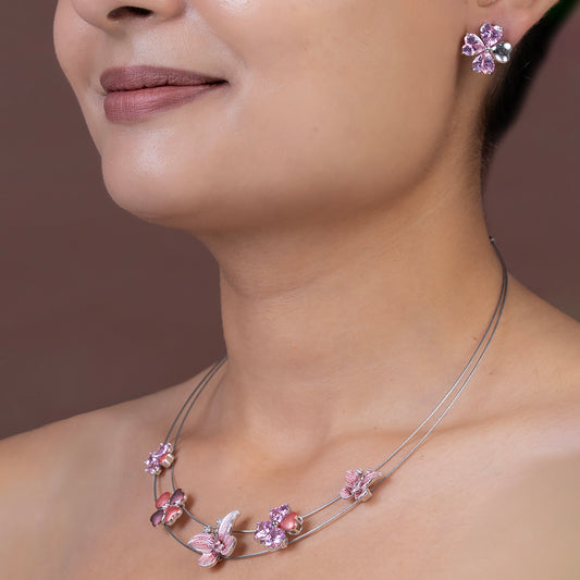 Pink Blossom & Butterfly 925 sterling silver necklace