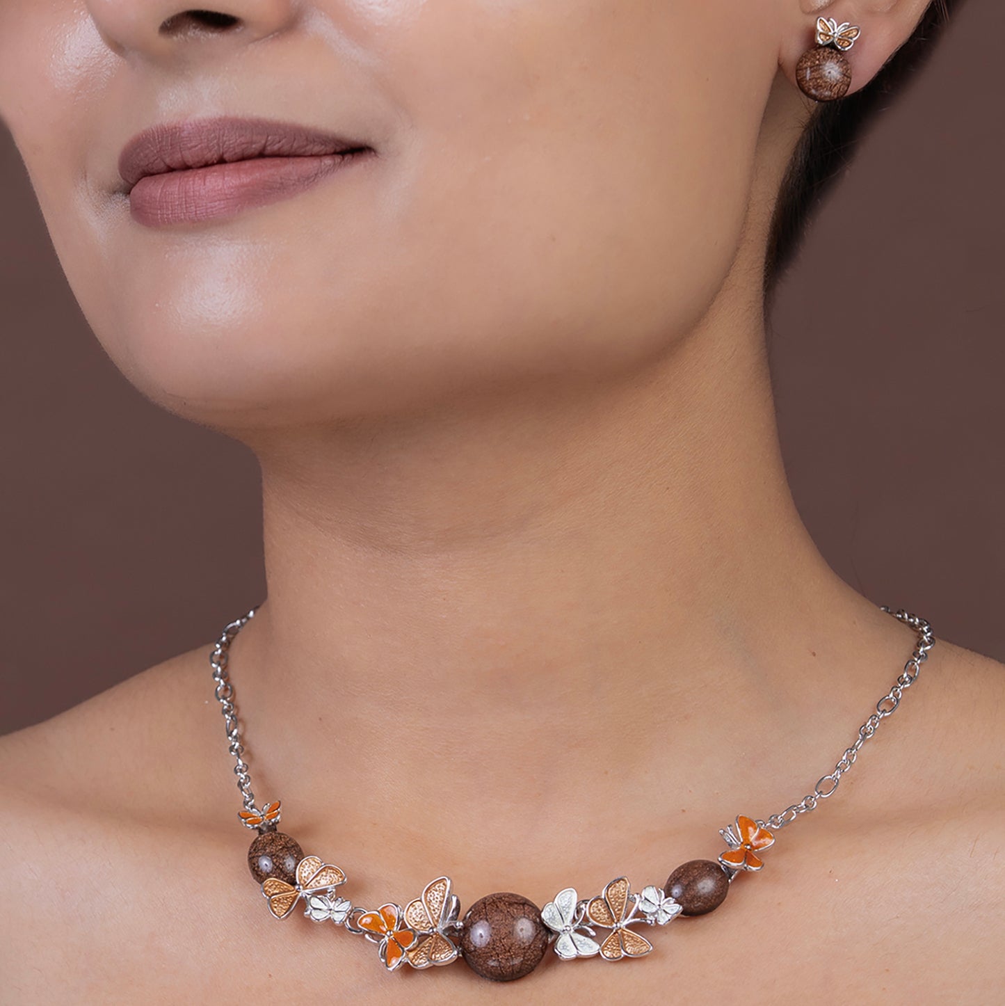 Earth-Tone Butterfly & Jasper 925 sterling silver necklace