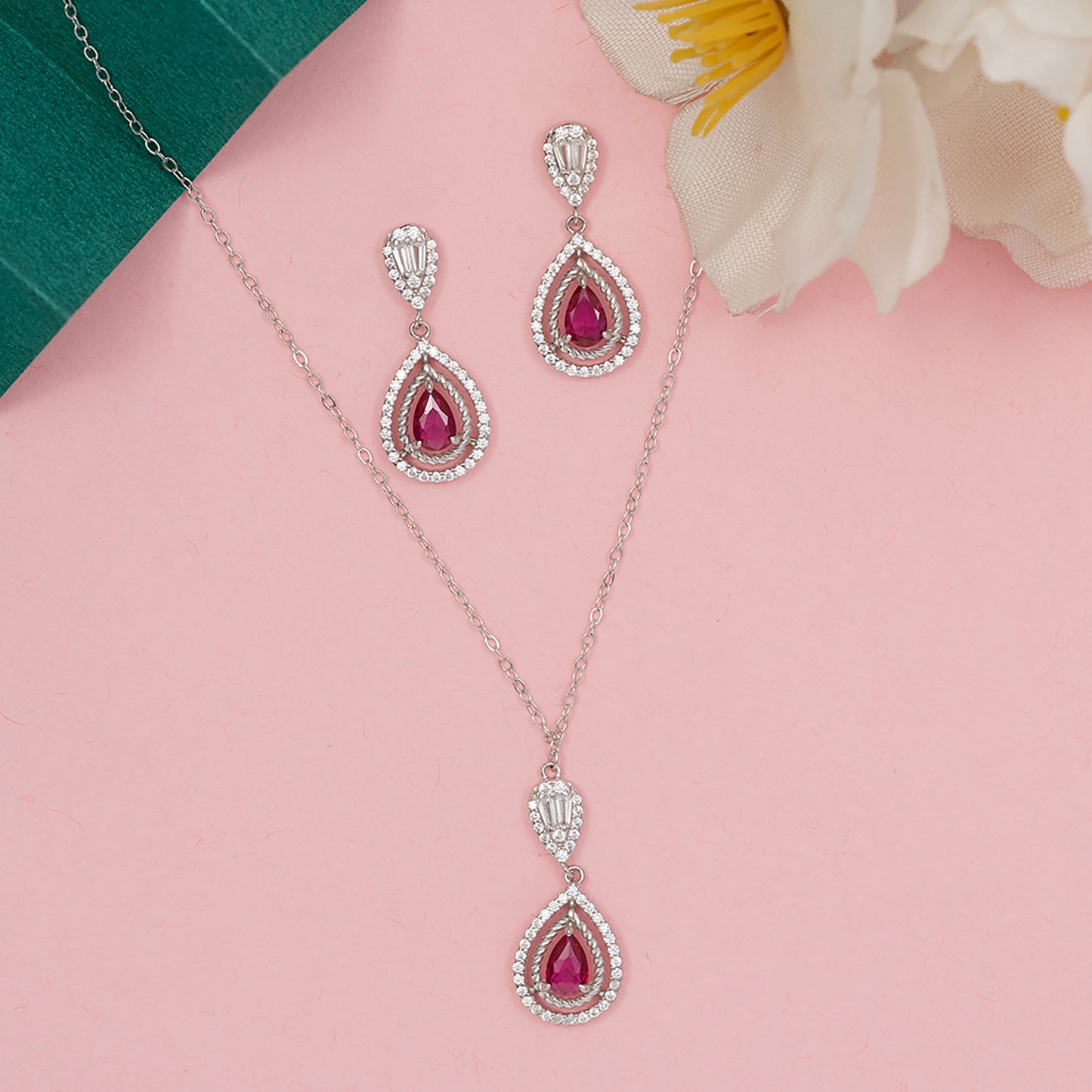 Halo Ruby & Pear-Cut SET 925 sterling silver