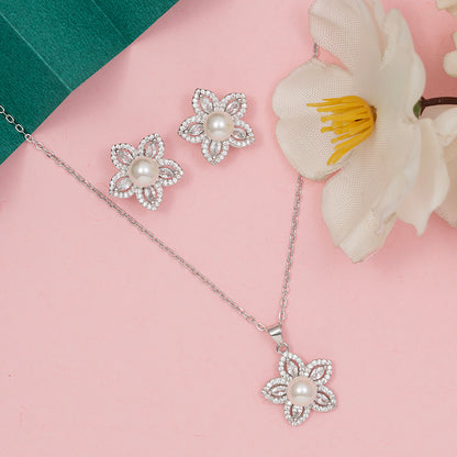 Blooming Pearl & Diamond pendant Set 925 sterling silver