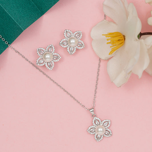 Blooming Pearl & Diamond pendant Set 925 sterling silver