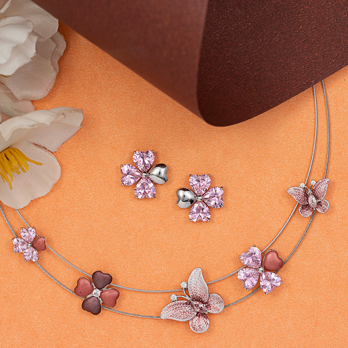 Pink Blossom & Butterfly 925 sterling silver necklace