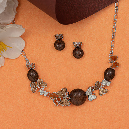 Earth-Tone Butterfly & Jasper 925 sterling silver necklace