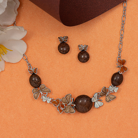 Earth-Tone Butterfly & Jasper 925 sterling silver necklace