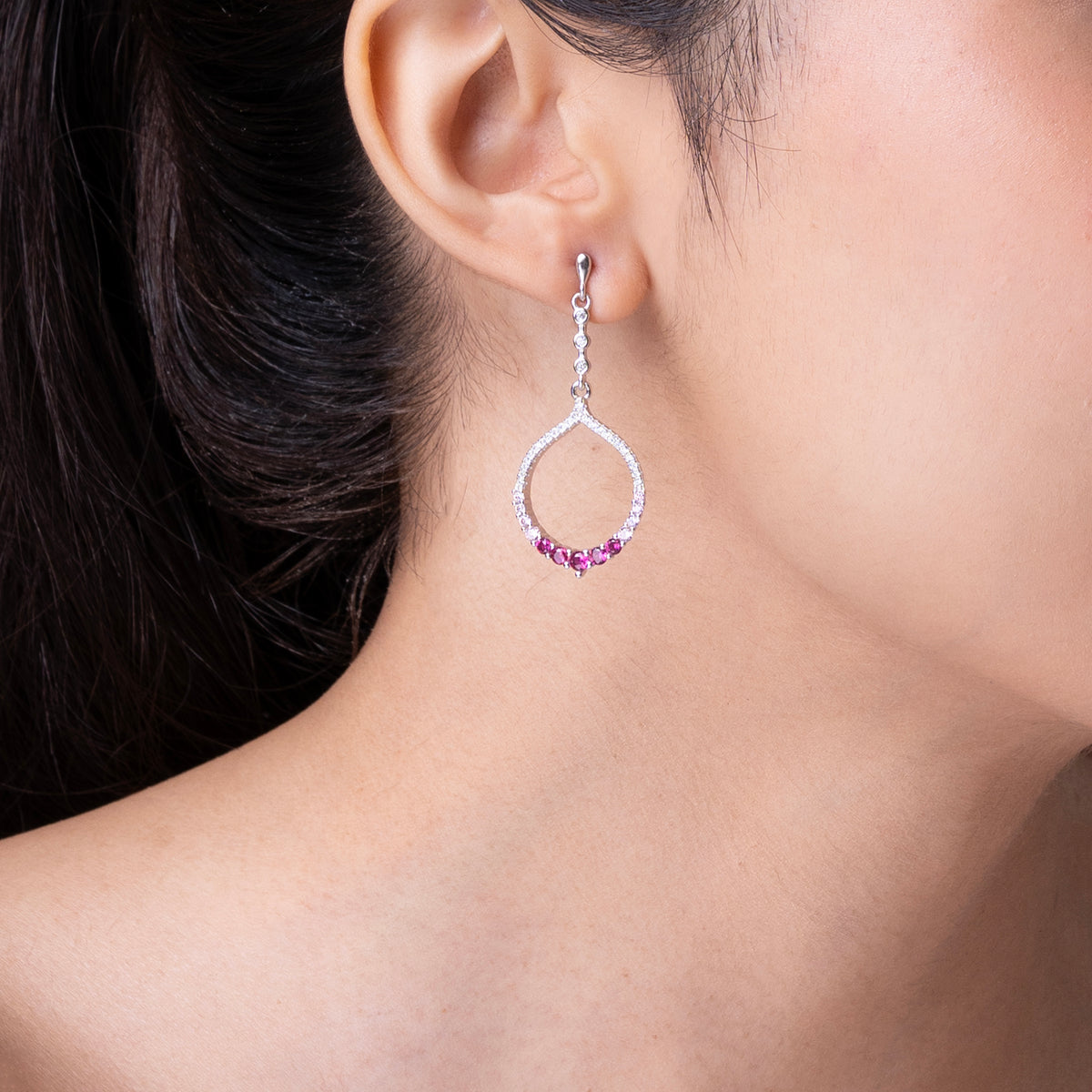 Radiant Ruby Drop Hoops Earrings 925 sterling silver