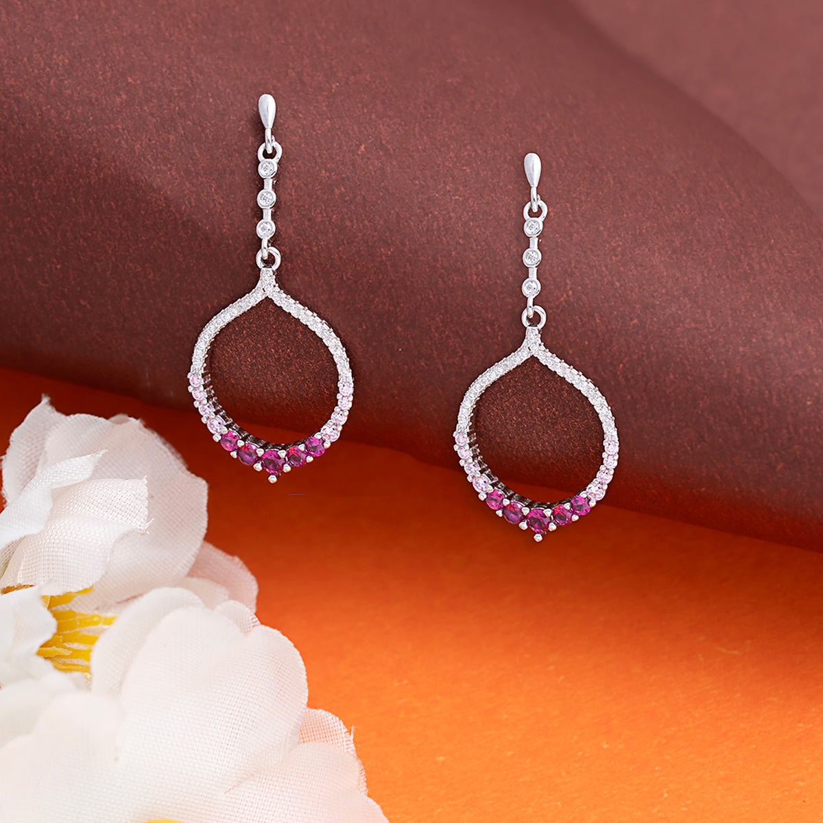 Radiant Ruby Drop Hoops Earrings 925 sterling silver